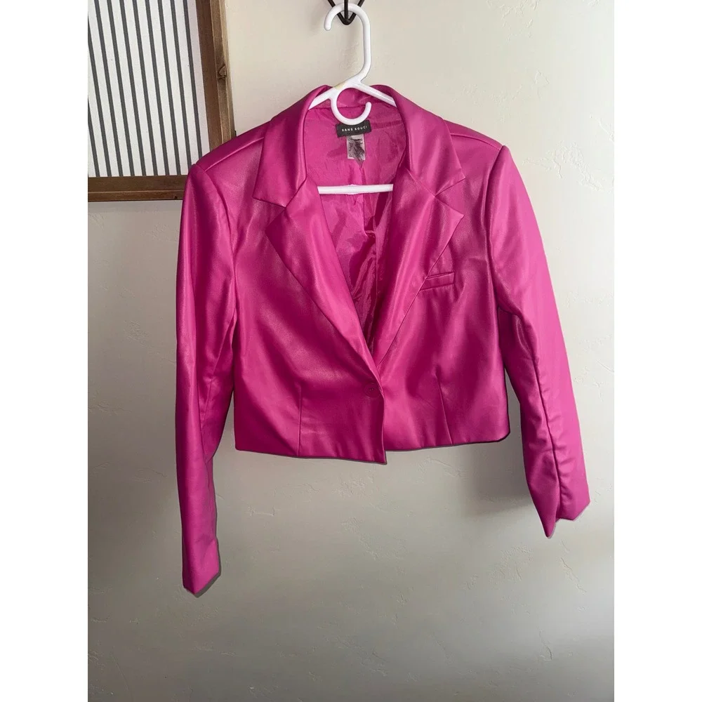Sans Souci Hot Pink‎ Cropped Faux Leather Blazer Jacket Size medium